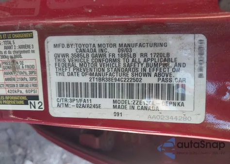 2004 Toyota Corolla Le из США, поврежденный, VIN 2T1BR38E94C222502